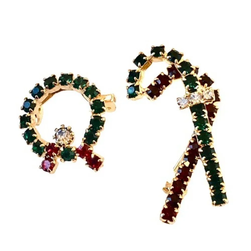 Vintage Christmas Brooch CANDY CANE + WREATH Rhinestones 2 Pins